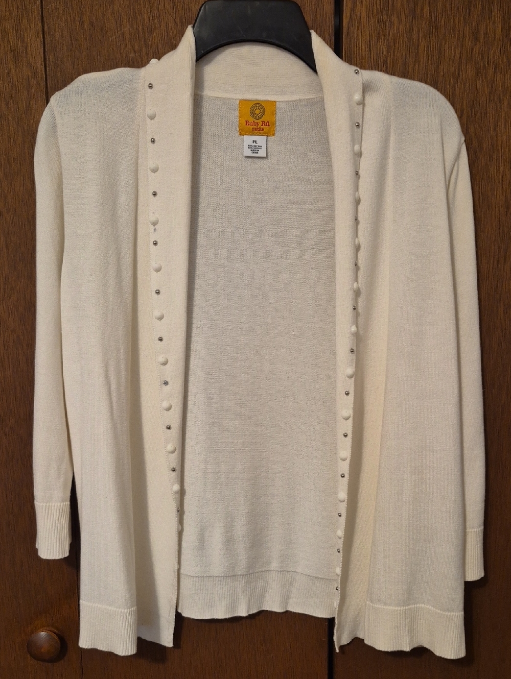 Ruby Rd. Cream Open-Front Cardigan with Beaded Trim SZ L